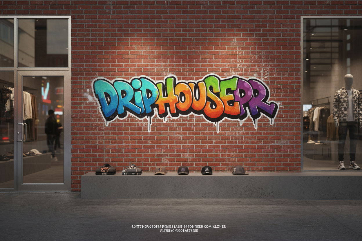 
High-resolution streetwear storefront banner featuring the word “DRIIPHOUSEPR” as bold graffiti lettering on a clean brick wall. Vibrant urban colors, luxury streetwear vibe, spray-paint details, soft shadows, slight grunge texture, wide panoramic composition, centered logo, room for text overlay, perfect for Shopify hero section. Ultra-HD, crisp details, modern, eye-catching, professional e-commerce branding. more of store imagine just like last image but size 2048 x1024